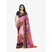 Women's Georgette Floral Print Saree With Unstitched Blouse 5.5Mtr (Blue-Pink) - Blue-Pink