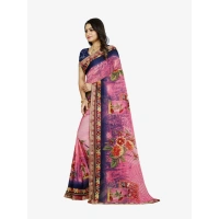 Women's Georgette Floral Print Saree With Unstitched Blouse 5.5Mtr (Blue-Pink) - Blue-Pink