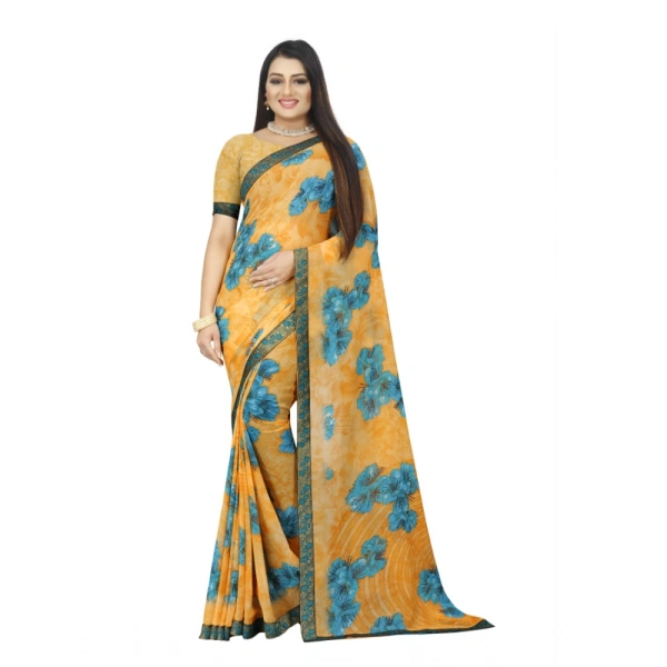 Women's Georgette Floral Print Saree With Unstitched Blouse 5.5Mtr (Blue-Orange) - Blue-Orange