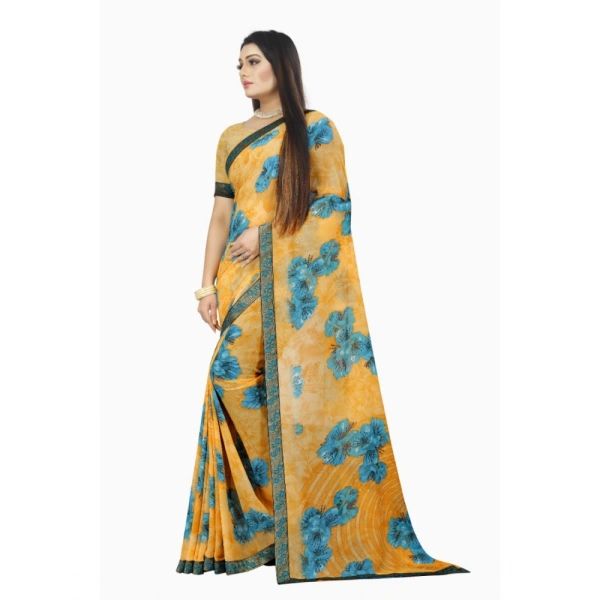 Women's Georgette Floral Print Saree With Unstitched Blouse 5.5Mtr (Blue-Orange) - Blue-Orange