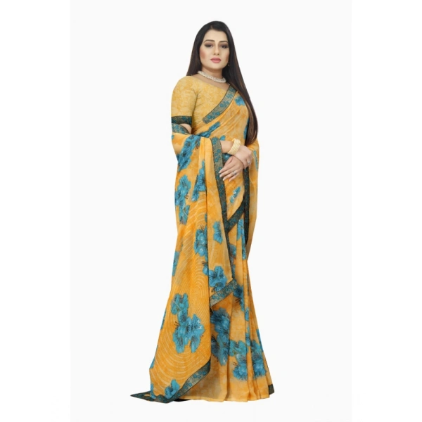 Women's Georgette Floral Print Saree With Unstitched Blouse 5.5Mtr (Blue-Orange) - Blue-Orange