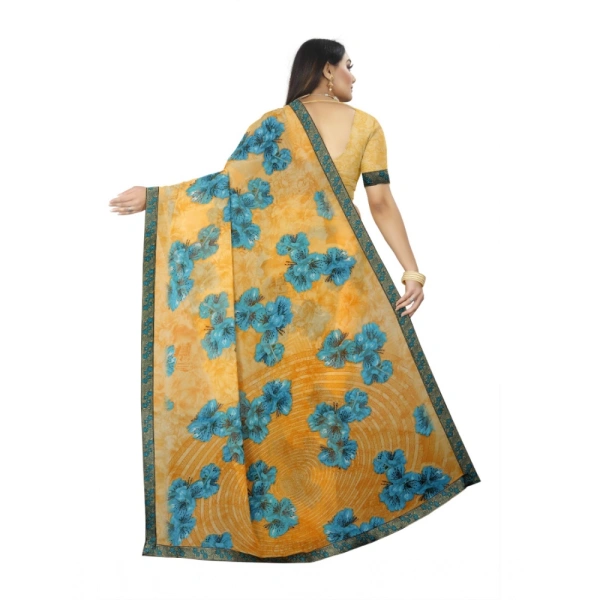 Women's Georgette Floral Print Saree With Unstitched Blouse 5.5Mtr (Blue-Orange) - Blue-Orange