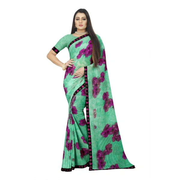 Women's Georgette Floral Print Saree With Unstitched Blouse 5.5Mtr (Green) - Green