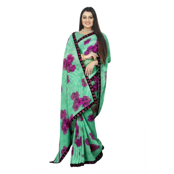 Women's Georgette Floral Print Saree With Unstitched Blouse 5.5Mtr (Green) - Green