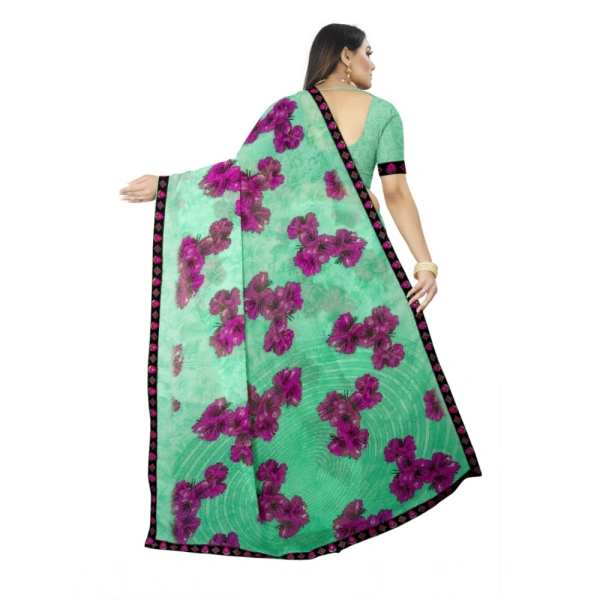 Women's Georgette Floral Print Saree With Unstitched Blouse 5.5Mtr (Green) - Green