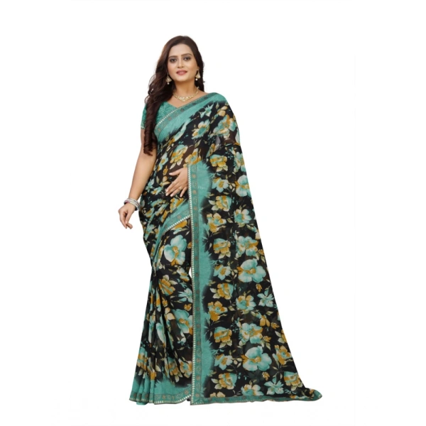 Women's Georgette Floral Print Saree With Unstitched Blouse 5.5Mtr (Blue-Black) - Blue-Black