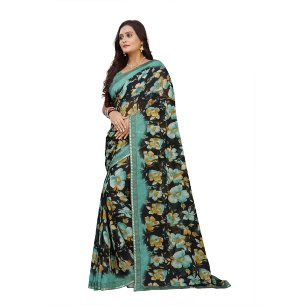 Women's Georgette Floral Print Saree With Unstitched Blouse 5.5Mtr (Blue-Black) - Blue-Black