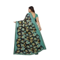 Women's Georgette Floral Print Saree With Unstitched Blouse 5.5Mtr (Blue-Black) - Blue-Black