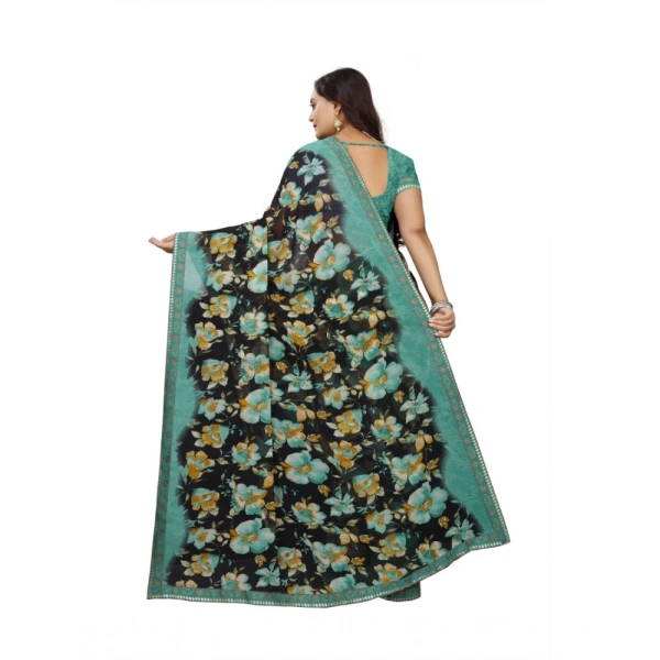 Women's Georgette Floral Print Saree With Unstitched Blouse 5.5Mtr (Blue-Black) - Blue-Black