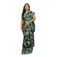 Women's Georgette Floral Print Saree With Unstitched Blouse 5.5Mtr (Blue-Black) - Blue-Black