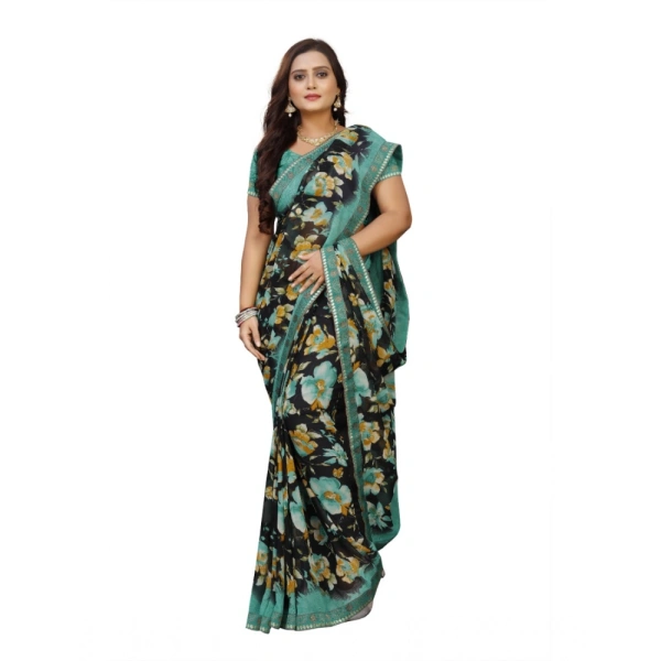 Women's Georgette Floral Print Saree With Unstitched Blouse 5.5Mtr (Blue-Black) - Blue-Black