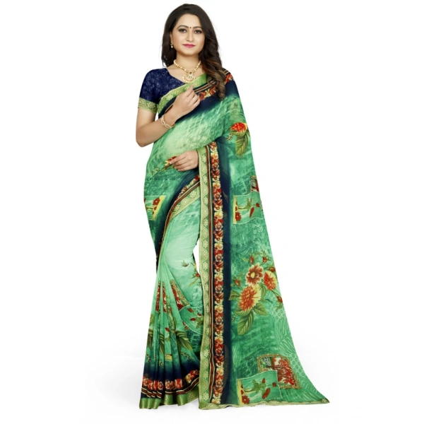 Women's Georgette Floral Print Saree With Unstitched Blouse 5.5Mtr (Green) - Green