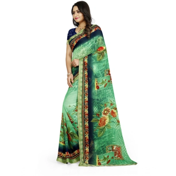 Women's Georgette Floral Print Saree With Unstitched Blouse 5.5Mtr (Green) - Green