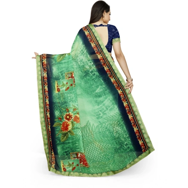 Women's Georgette Floral Print Saree With Unstitched Blouse 5.5Mtr (Green) - Green