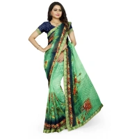Women's Georgette Floral Print Saree With Unstitched Blouse 5.5Mtr (Green) - Green
