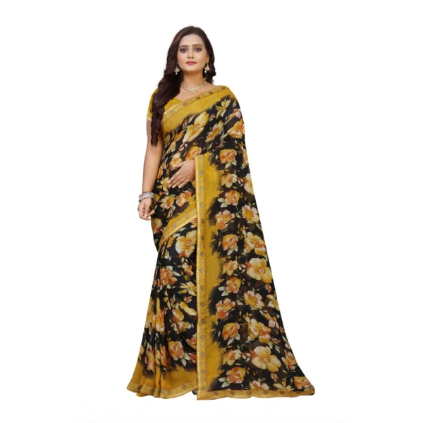 Women's Georgette Floral Print Saree With Unstitched Blouse 5.5Mtr (Black-Mustard) - Black-Mustard