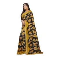 Women's Georgette Floral Print Saree With Unstitched Blouse 5.5Mtr (Black-Mustard) - Black-Mustard