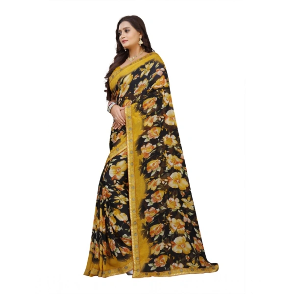 Women's Georgette Floral Print Saree With Unstitched Blouse 5.5Mtr (Black-Mustard) - Black-Mustard