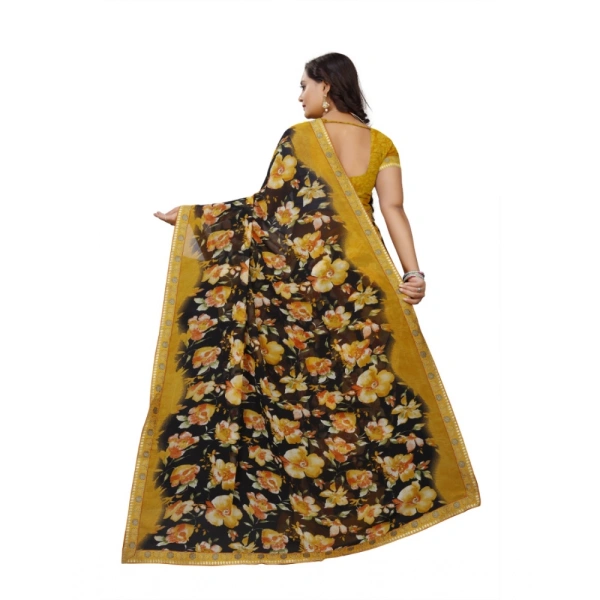 Women's Georgette Floral Print Saree With Unstitched Blouse 5.5Mtr (Black-Mustard) - Black-Mustard