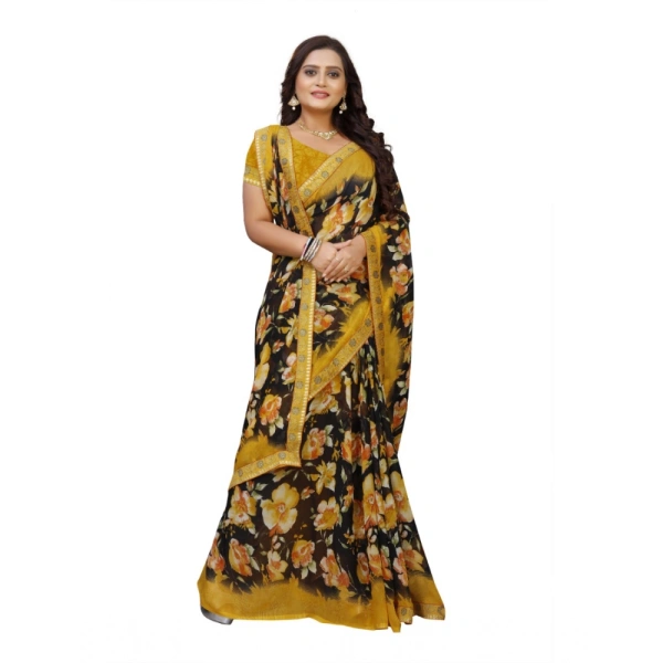Women's Georgette Floral Print Saree With Unstitched Blouse 5.5Mtr (Black-Mustard) - Black-Mustard