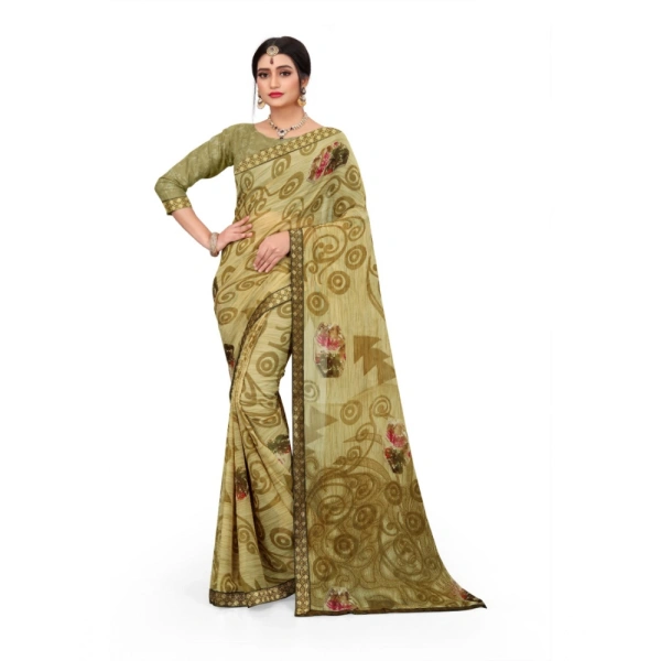 Women's Georgette Floral Print Saree With Unstitched Blouse 5.5Mtr (Brown) - Brown