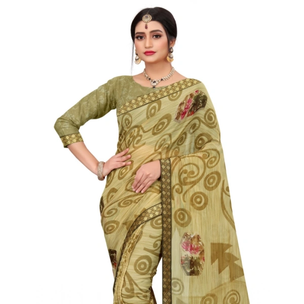 Women's Georgette Floral Print Saree With Unstitched Blouse 5.5Mtr (Brown) - Brown