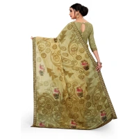 Women's Georgette Floral Print Saree With Unstitched Blouse 5.5Mtr (Brown) - Brown