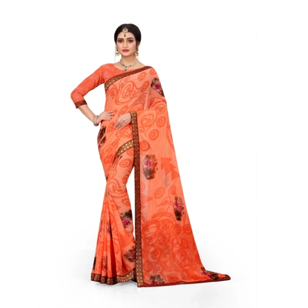 Women's Georgette Floral Print Saree With Unstitched Blouse 5.5Mtr (Orange) - Orange