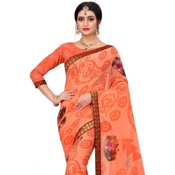 Women's Georgette Floral Print Saree With Unstitched Blouse 5.5Mtr (Orange) - Orange