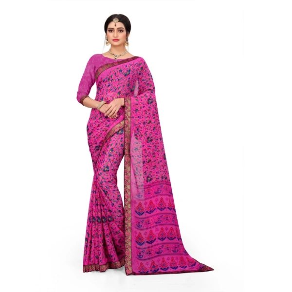 Women's Georgette Floral Print Saree With Unstitched Blouse 5.5Mtr (Pink) - Pink
