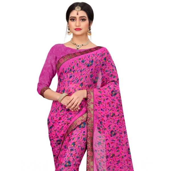 Women's Georgette Floral Print Saree With Unstitched Blouse 5.5Mtr (Pink) - Pink