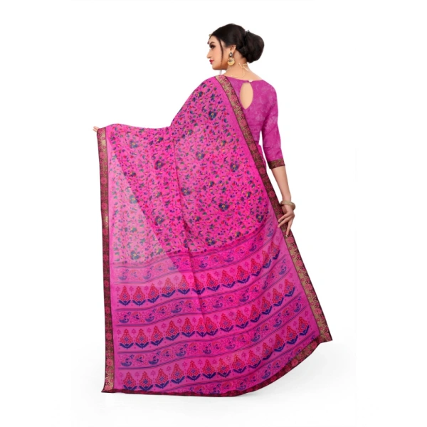 Women's Georgette Floral Print Saree With Unstitched Blouse 5.5Mtr (Pink) - Pink
