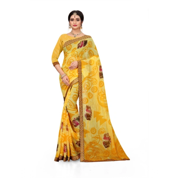 Women's Georgette Floral Print Saree With Unstitched Blouse 5.5Mtr (Yellow) - Yellow