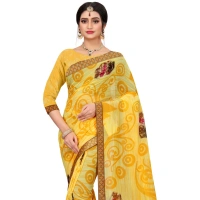 Women's Georgette Floral Print Saree With Unstitched Blouse 5.5Mtr (Yellow) - Yellow