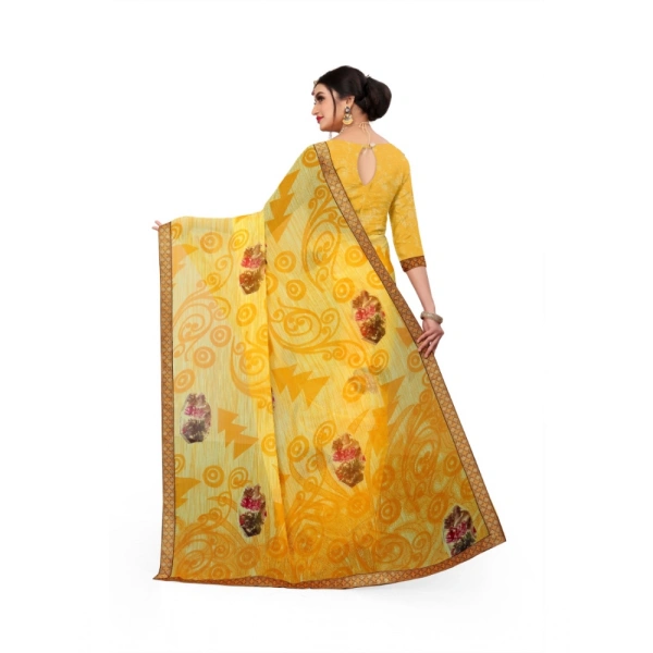 Women's Georgette Floral Print Saree With Unstitched Blouse 5.5Mtr (Yellow) - Yellow