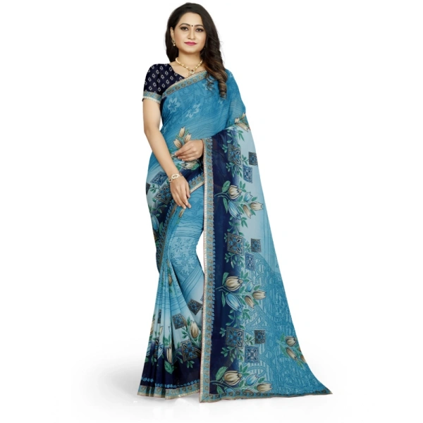 Women's Georgette Floral Print Saree With Unstitched Blouse 5.5Mtr (Light Blue) - Light Blue