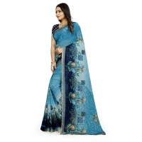 Women's Georgette Floral Print Saree With Unstitched Blouse 5.5Mtr (Light Blue) - Light Blue