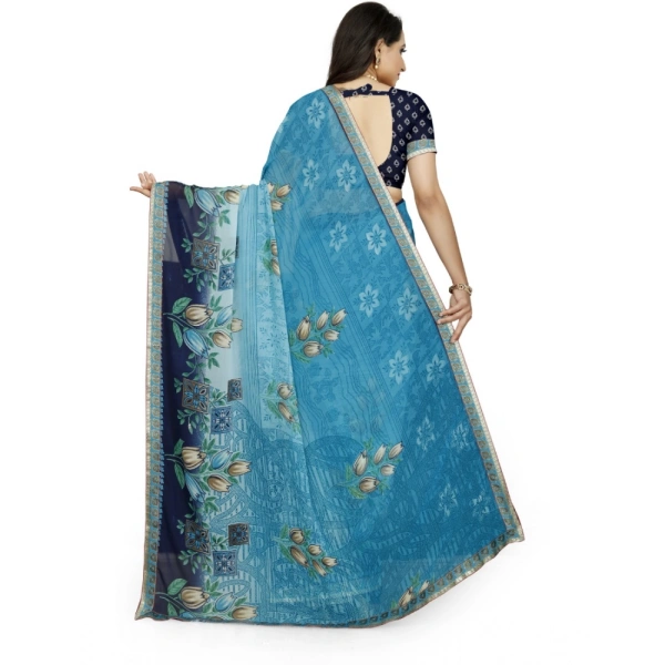 Women's Georgette Floral Print Saree With Unstitched Blouse 5.5Mtr (Light Blue) - Light Blue