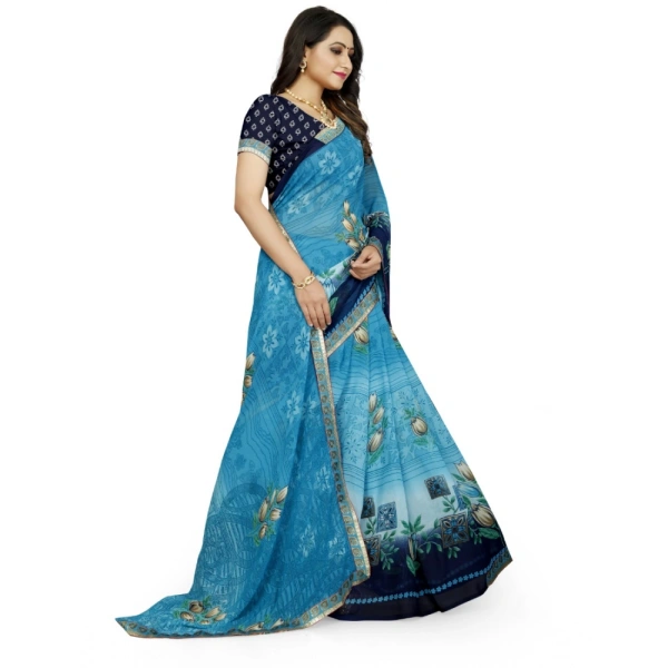 Women's Georgette Floral Print Saree With Unstitched Blouse 5.5Mtr (Light Blue) - Light Blue