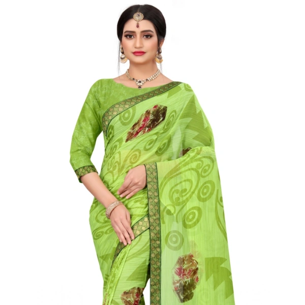 Women's Georgette Floral Print Saree With Unstitched Blouse 5.5Mtr (Green) - Green