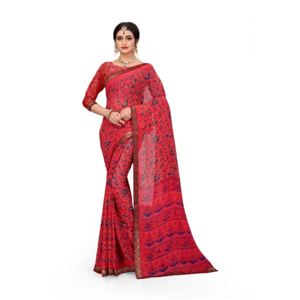 Women's Georgette Floral Print Saree With Unstitched Blouse 5.5Mtr (Red) - Red