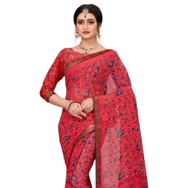 Women's Georgette Floral Print Saree With Unstitched Blouse 5.5Mtr (Red) - Red