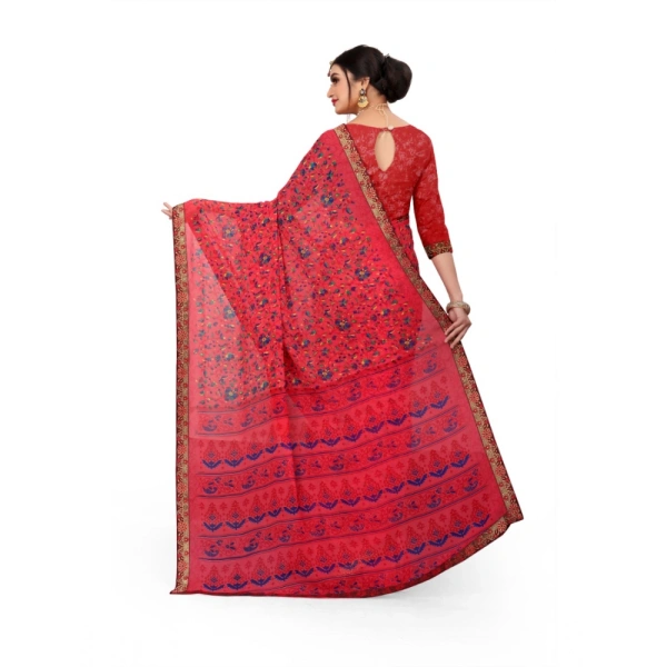 Women's Georgette Floral Print Saree With Unstitched Blouse 5.5Mtr (Red) - Red