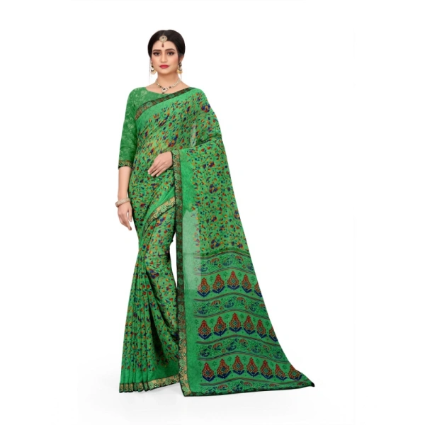 Women's Georgette Floral Print Saree With Unstitched Blouse 5.5Mtr (Green) - Green