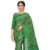 Women's Georgette Floral Print Saree With Unstitched Blouse 5.5Mtr (Green) - Green