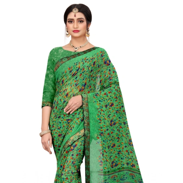 Women's Georgette Floral Print Saree With Unstitched Blouse 5.5Mtr (Green) - Green