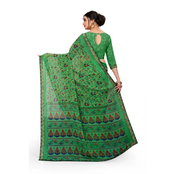 Women's Georgette Floral Print Saree With Unstitched Blouse 5.5Mtr (Green) - Green
