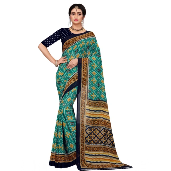Women's Georgette Floral Print Saree With Unstitched Blouse 5.5Mtr (Dark Green) - Dark Green
