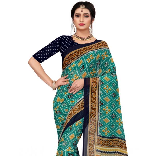 Women's Georgette Floral Print Saree With Unstitched Blouse 5.5Mtr (Dark Green) - Dark Green