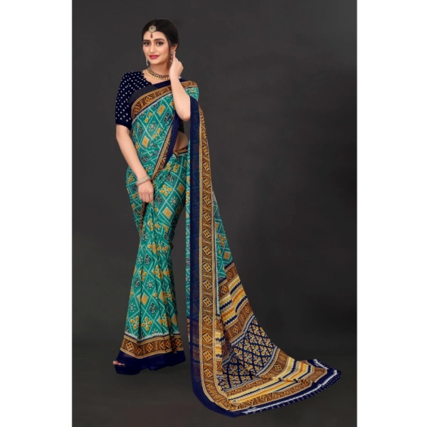 Women's Georgette Floral Print Saree With Unstitched Blouse 5.5Mtr (Dark Green) - Dark Green